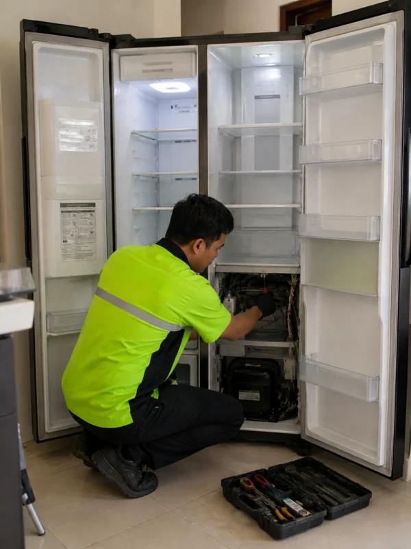 Teknisi Service Kulkas Sedang Memperbaiki Pendinginan Pada Kulkas Side by Side Di Jakarta