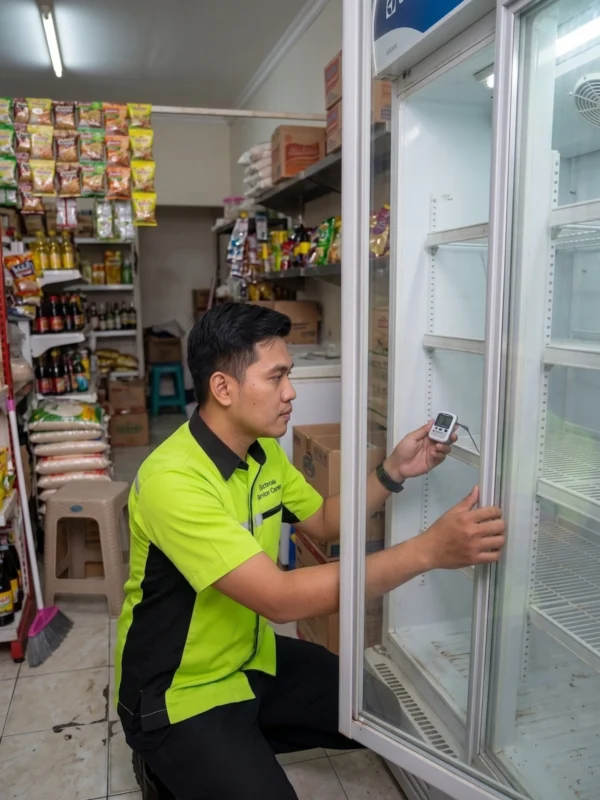 Tukang Service Chiller sedang memeriksa konsisi pendinginan di toko