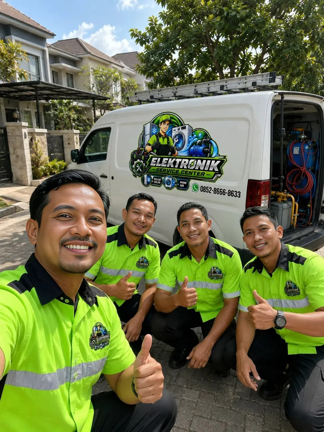 4 Teknisi Service dari Elektronik Service Center Sedang Berfoto Selfie Bersama di Belakang fann