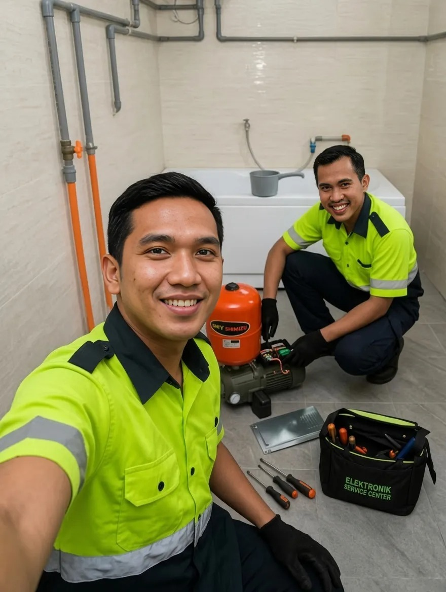 Dua Orang Teknisi Sedang Memperbaiki Mesin Pompa JET PUMP