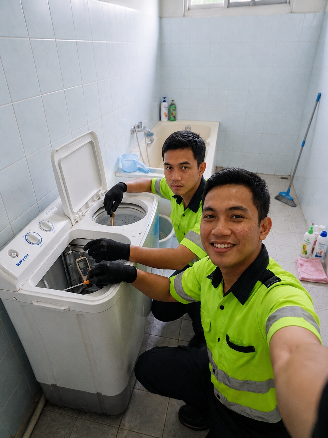 Dua orang teknisi mesin cuci berfoto sebagai dokumentasi pekerjan service mesin cuci dua tabung
