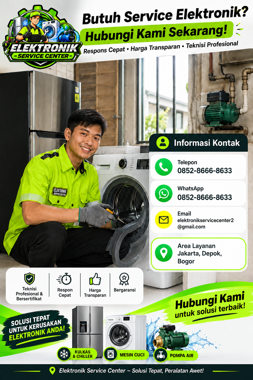 Poster Informasi kontak dari jasa service kulkas, mesin cuci dan pompa air