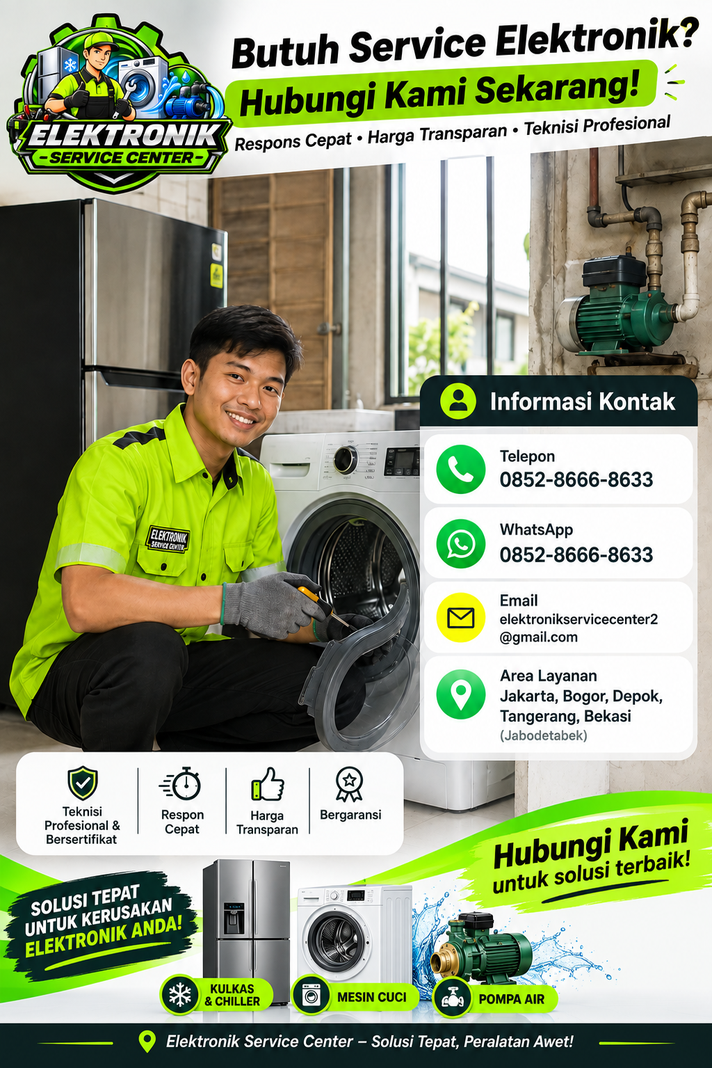 Poster Informasi kontak dari jasa service kulkas, mesin cuci dan pompa air