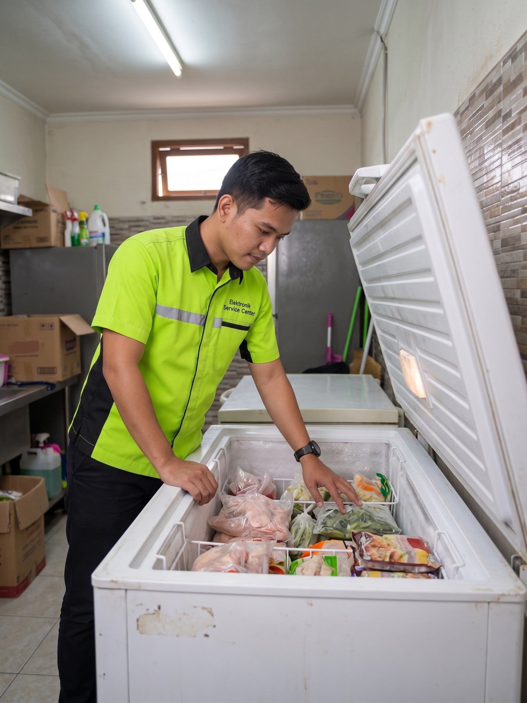 Teknisi Service Chest Freezer sedang memeriksa kondisi makanan yang basi karna pendinginan rusak