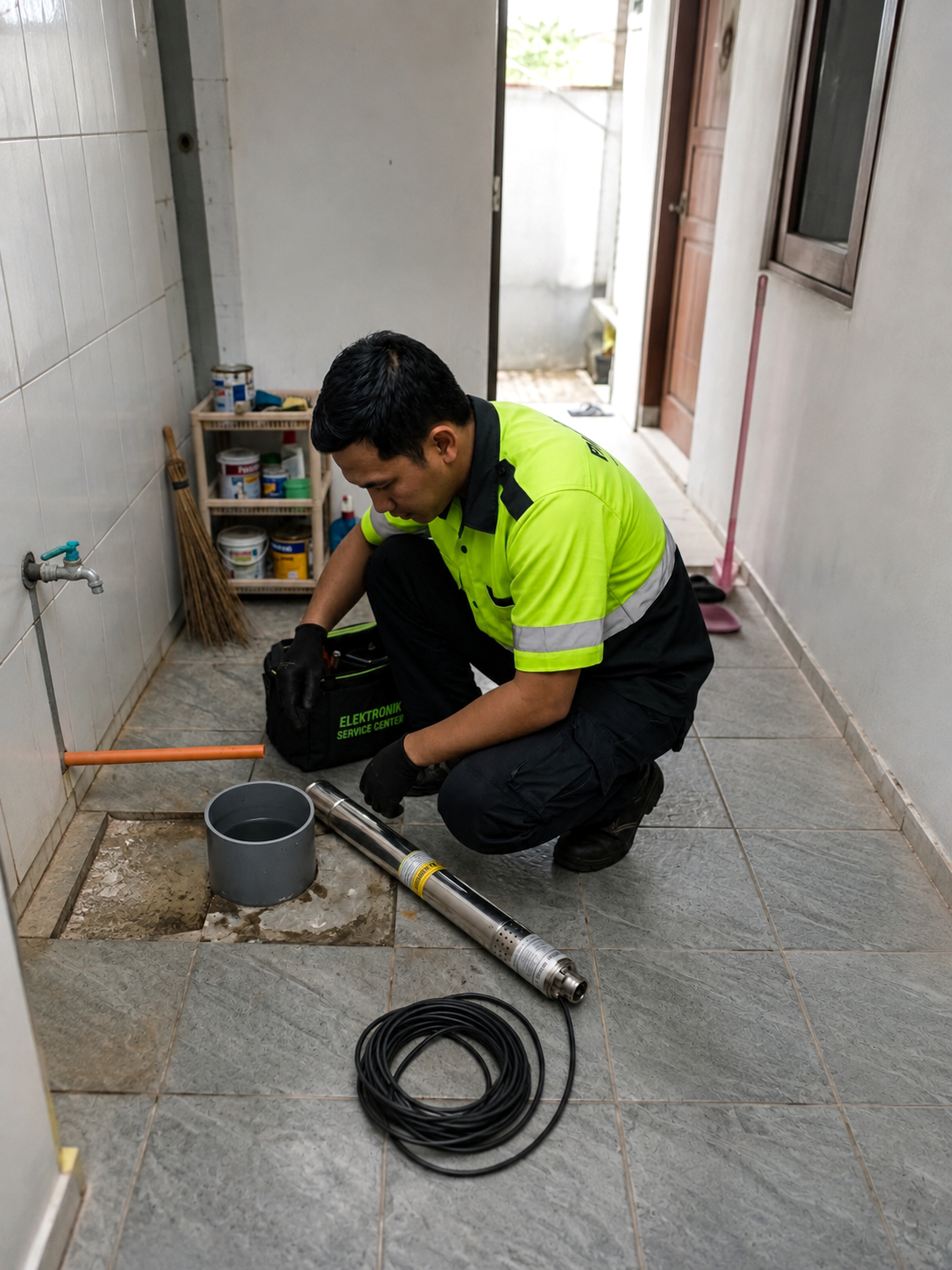 Teknisi Service Sumersible Sedang Mengecek kondisi kedalaman sumur bor