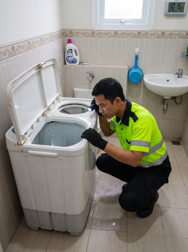 Tukang Service Mesin Cuci Sedang Melihat Kondisi Bagian Dalam Mesin Cuci Dua Tabung