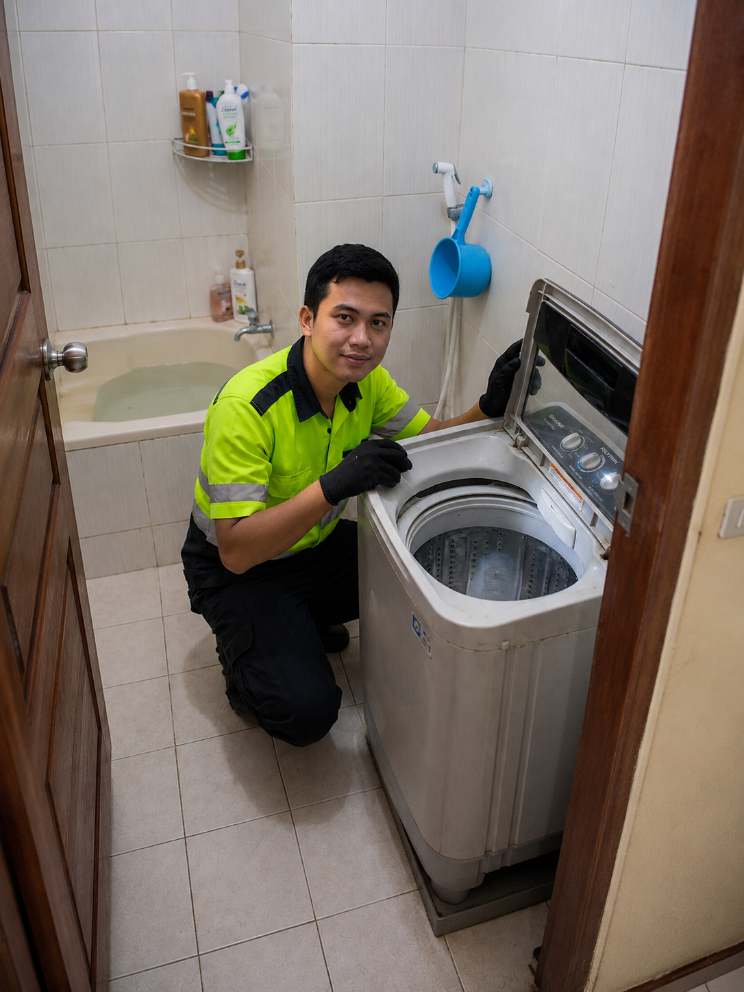 Tukang Service Mesin Cuci Sedang Mengecek Kondisi Mesin Cuci Satu Tabung 1