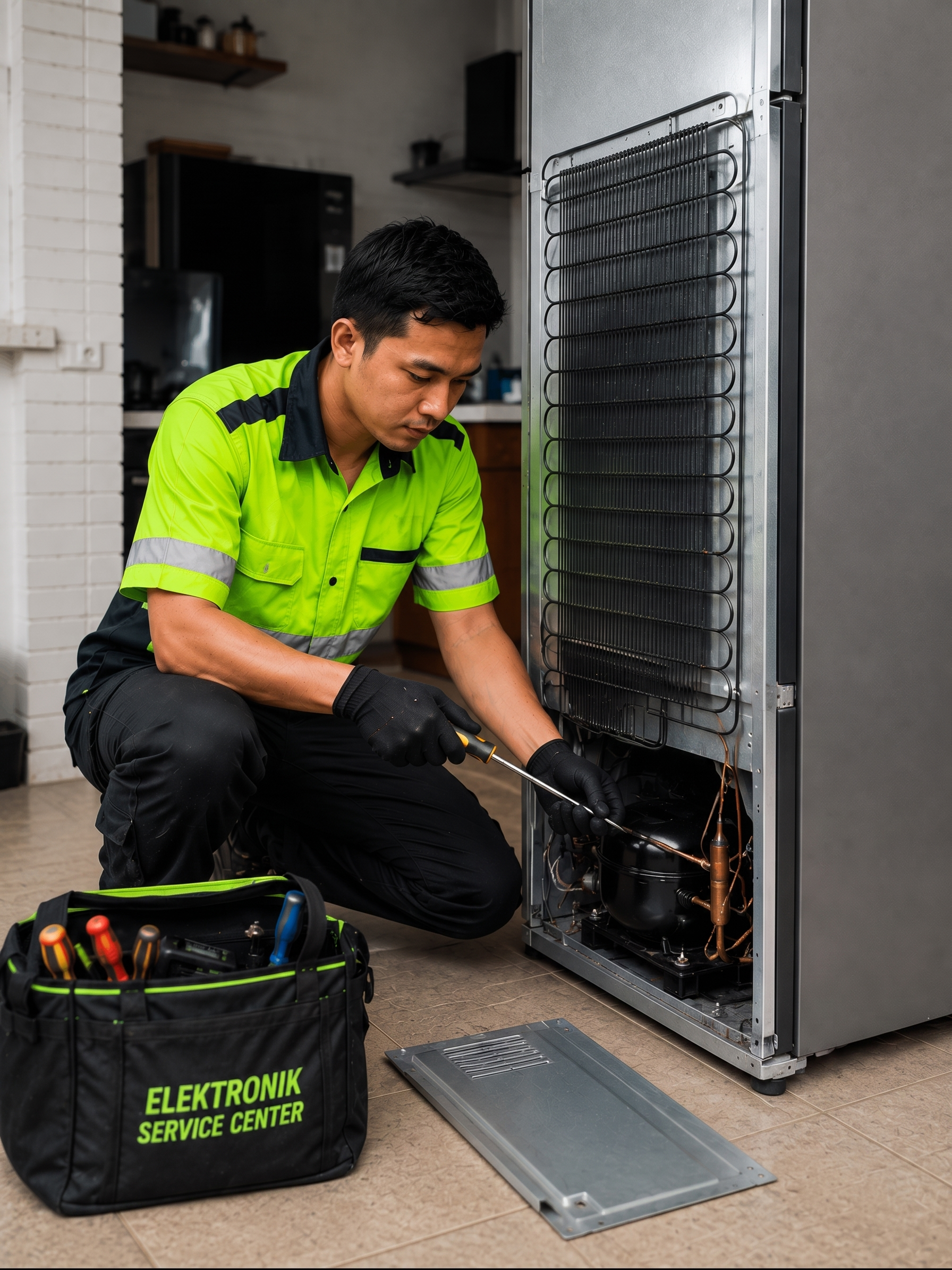 Tukang Service kulkas sedang memperbaiki kompresor kulkas